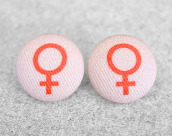 Bold 7/8 Inch Feminist Fabric Button Earrings Nickel-Free Titanium Posts