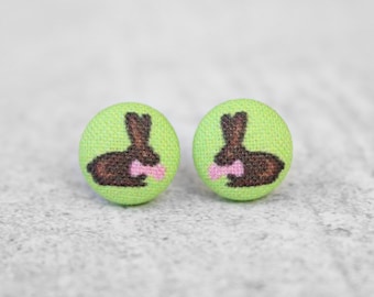 Chocolate Easter Bunny Fabric Button Earrings