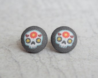 Sugar Skull Fabric Covered Button Earrings