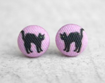 Surprised Cat on Purple Background Fabric Button Earrings Hypoallergenic Titanium Posts