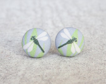 Dragonfly Fabric Button Earrings