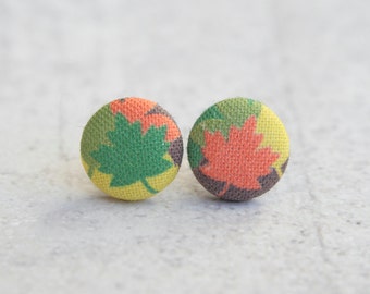 Fall Leaves Fabric Button Earrings