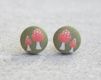 Retro Mushrooms Fabric Button Earrings