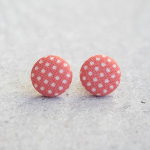 Red and White Polka Dot Fabric Button Earrings