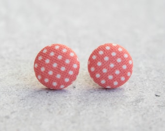 Red and White Polka Dot Fabric Button Earrings