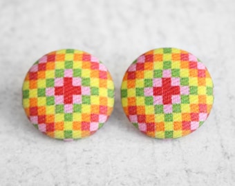 Bold 7/8 Inch Granny Square Fabric Button Earrings Nickel-Free Titanium Posts