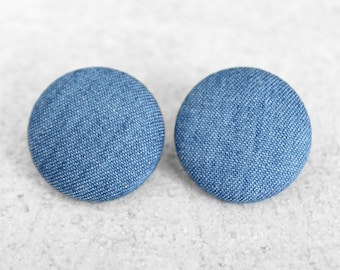 Bold 7/8 Inch Denim Fabric Button Earrings Nickel-Free Titanium Posts