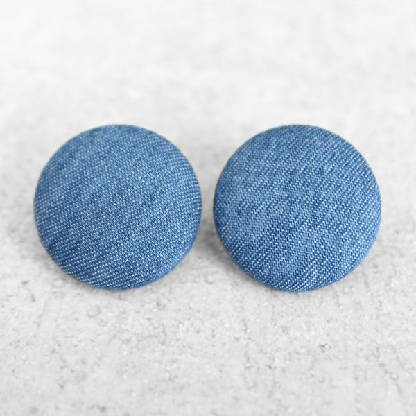 Bold 7/8 Inch Denim Fabric Button Earrings Nickel-Free Titanium Posts