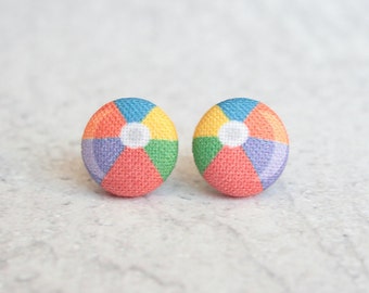 Beach Ball Fabric Button Earrings