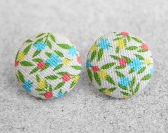 Bold 7/8 Inch Calico Fabric Button Earrings Nickel-Free Titanium Posts