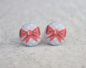 Polka Dot Bow Fabric Button Earrings
