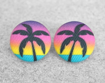 Bold 7/8 Inch Vacation Fabric Button Earrings Nickel-Free Titanium Posts