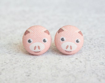 Pink Pig Fabric Button Earrings