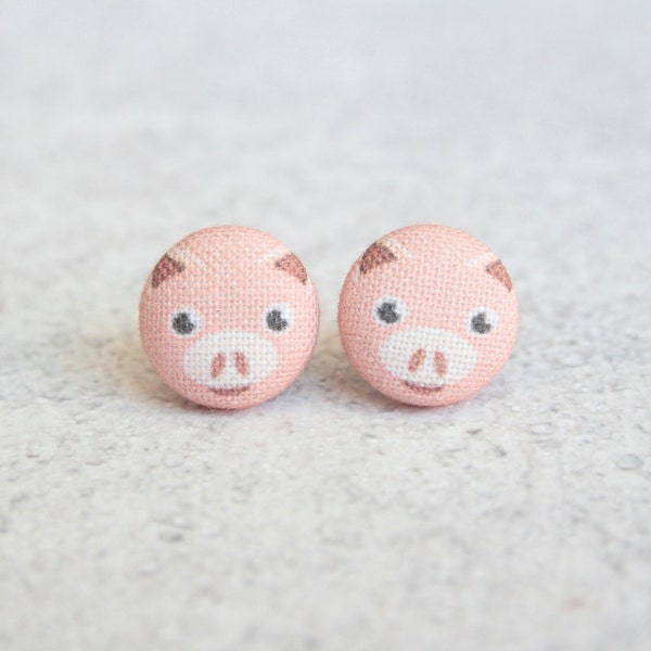 Pink Pig Fabric Button Earrings