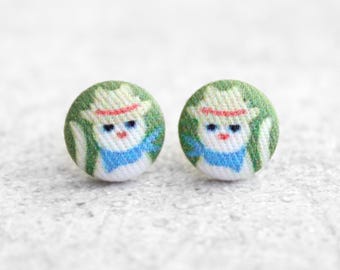 Cat in a Cowboy Hat Fabric Button Earrings Hypoallergenic Titanium Posts