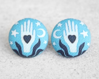 Bold 7/8 Inch Handmade Hands Fabric Button Earrings Nickel-Free Titanium Posts