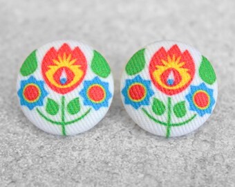 Bold 7/8 Inch Bohemian Fabric Button Earrings Nickel-Free Titanium Posts