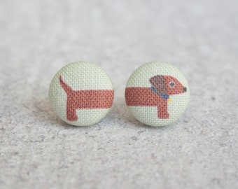 Long Dog on Green Fabric Button Earrings