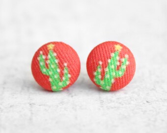 Christmas Cactus Fabric Button Earrings Hypoallergenic Titanium Posts
