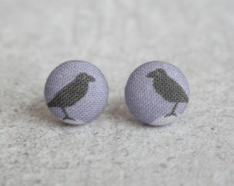 Black Birds Fabric Button Earrings