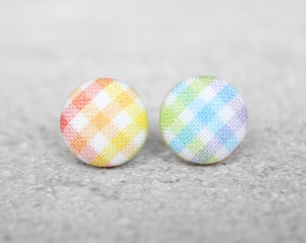 Rainbow Gingham Fabric Button Earrings Hypoallergenic Titanium Posts