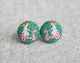 Pink Scooter Fabric Button Earrings