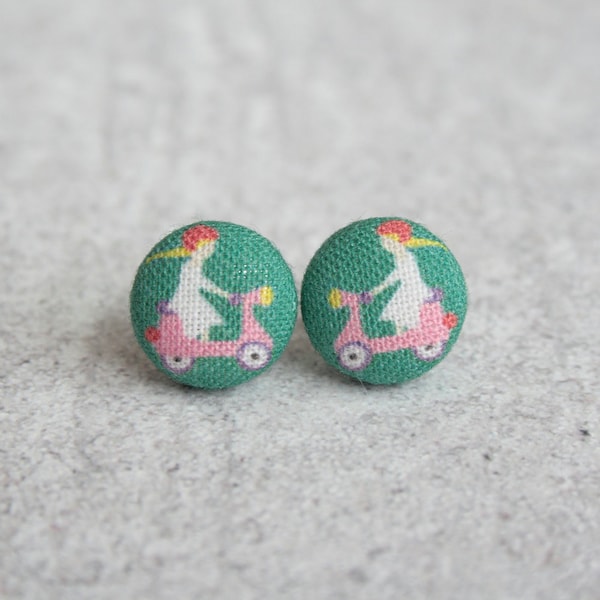 Pink Scooter Fabric Button Earrings