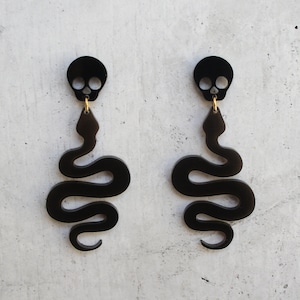 Skull and Snake Dangle Earrings Laser Cut Translucent Smoke and Black Acrylic