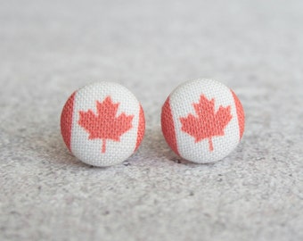 Canadian Flag Maple Leaf Fabric Button Earrings