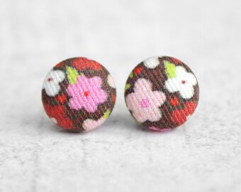 Pink flowers Fabric Button Earrings Hypoallergenic Titanium Posts