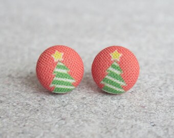 O Christmas Tree Fabric Button Earrings
