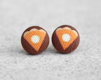 Pumpkin Pie Fabric Button Earrings Hypoallergenic Titanium Posts