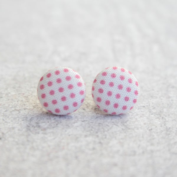 Pink Polka Dot Fabric Button Earrings