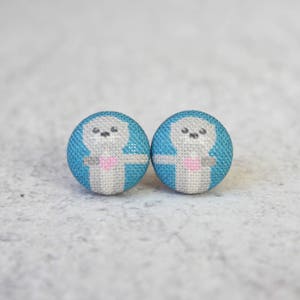 Otters Holding Hands Fabric Button Earrings