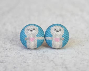 Otters Holding Hands Fabric Button Earrings