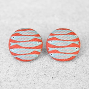 Bold 7/8 Inch Sardines Fabric Button Earrings Nickel-Free Titanium Posts