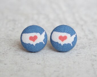 USA Heart, Fabric Button Earrings