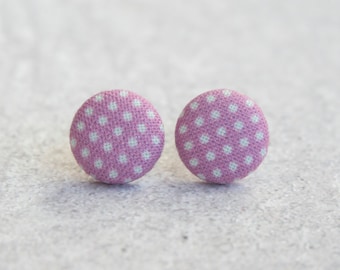 Purple with Polka Dot Fabric Button Earrings