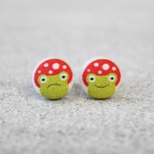 Mushroom Frog Fabric Button Earrings