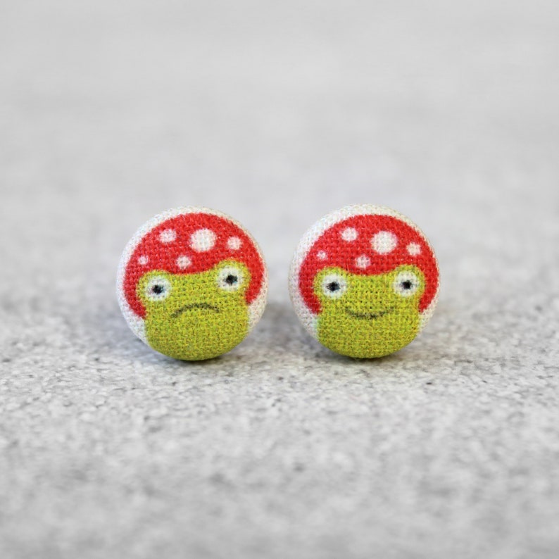 Mushroom Frog Fabric Button Earrings image 1