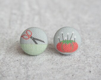 I LOVE Sewing Fabric Button Earrings