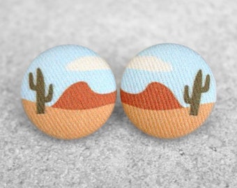 Bold 7/8 Inch Tiny Desert Cactus Fabric Button Earrings Nickel-Free Titanium Posts