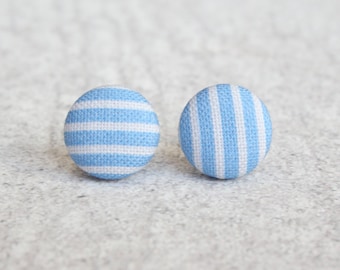 Blue Stripes Fabric Button Earrings