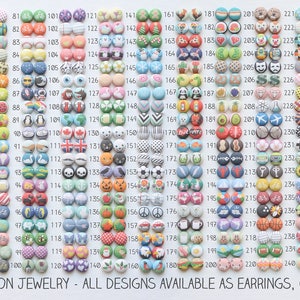 May include: A chart of over 280 colorful fabric buttons with various designs, including animals, geometric patterns, and symbols. The buttons are arranged in rows and columns on a white background. The text "RACHEL O'S FABRIC BUTTON JEWELRY - ALL DESIGNS AVAILABLE AS EARRINGS, CUFFLINKS, AND HAIRPINS" is at the bottom of the chart.