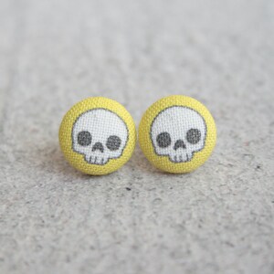 Adorable Skulls in Yellow, Fabric Button Earrings