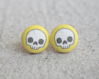 Adorable Skulls in Yellow, Fabric Button Earrings