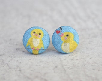 Canaries in Love Fabric Button Earrings