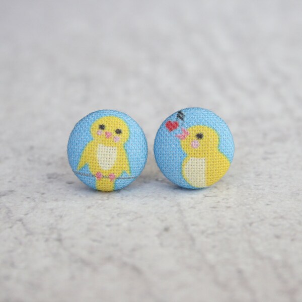 Canaries in Love Fabric Button Earrings