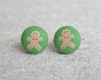 Gingerbread Men Fabric Button Earrings