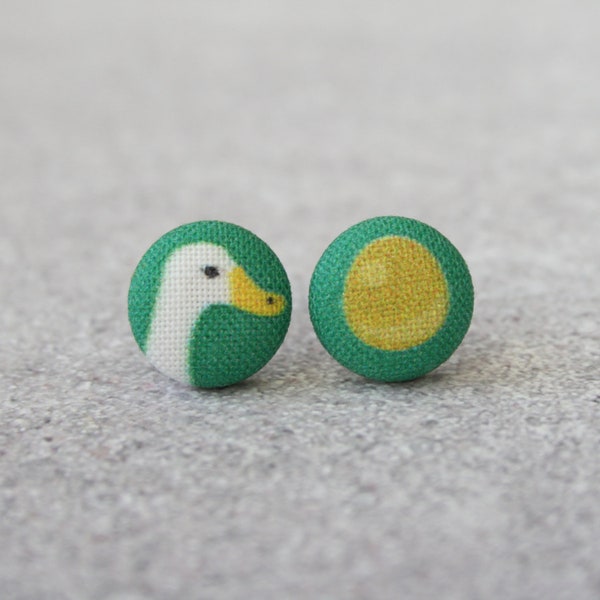 Goose and Golden Egg Fabric Button Earrings